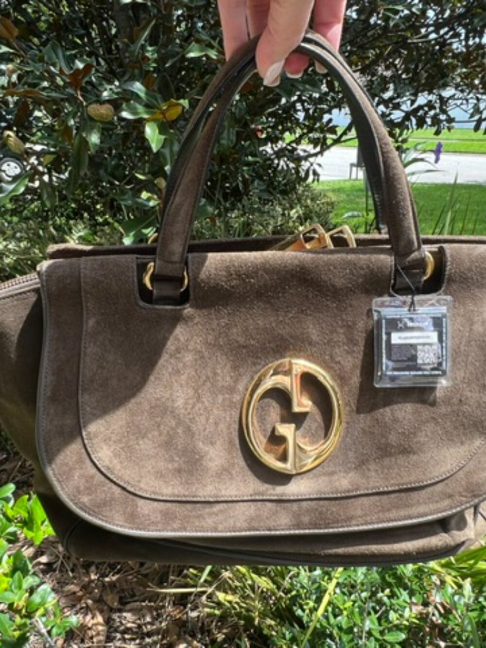 Gucci 1973 Large Brown Suede Top Handle Travel Tote Gold GG "Blondie" - Picture 12 of 15